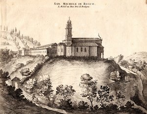 Pohled na klášter San Michele in Bosco, Bologna, Emilia-Romagna, Itálie, mědirytina, cca 21x29 cm od Joan Blaeu