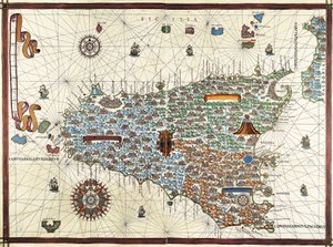 Ostrov Sicílie. (Sicílie) Navigační mapa Joan Martines (1556-1591)