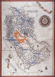 Mapa Arabského poloostrova, s větrnou růžicí a detaily přístavů a mořských pobřeží, v Atlas de Joan Martines