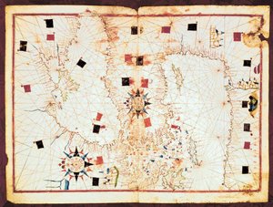 Mapa východní části Středozemního moře a Černého moře, rukopis portolánového atlasu ze 16. století (rukopis)