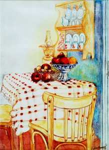 Chalupa Kuchyňský stůl s jablky, 2005, (vodová barva) od Joan Thewsey