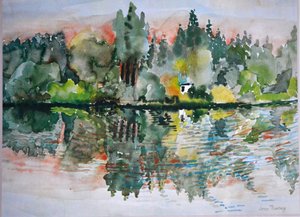 Jezero při západu slunce, Bremes les Ardres, 2000, od Joan Thewsey