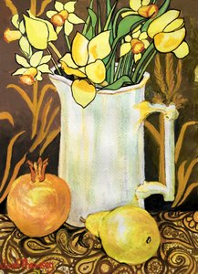 Tulipány a narcisy v bílém džbánu, s textilem, granátovým jablkem a hruškou (akvarel) od Joan Thewsey