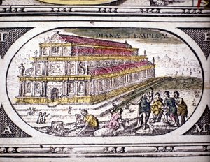 Reprezentace sedmi divů starověku: chrám Diany (Artemidin) v Efezu. v Atlasu Janssona Jannsonia vytištěném v Amsterodamu roku 1630. Soukromá sbírka.