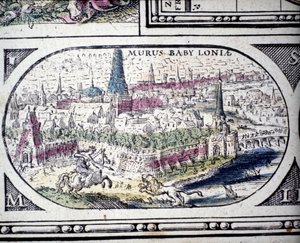 Reprezentace sedmi divů starověku: Babylonské zahrady. v Atlasu Janssona Jannsoniuse vytištěném v Amsterdamu v roce 1630
