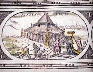 Reprezentace sedmi divů starověku: mauzoleum Halikarnassu. v Atlasu Janssona Jannsonia vytištěném v Amsterodamu roku 1630. Soukromá sbírka.