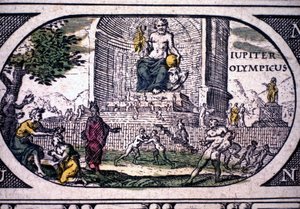 Znázornění sedmi divů starověku: socha Jupitera (Zeus) od Phidias - v ""The Atlas"" od Janssona Jannsonia, vytištěné v Amsterdamu v roce 1630