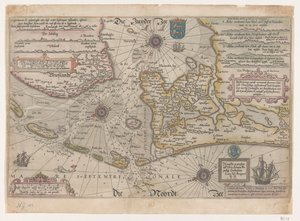 Mapa Vlie a Marsdiepu Popishe vande vermaerde stroemen, Tvlie and the Tmaersdiep, upstreckende In Zuijder Zee plul v Enchuijsen do Amstelredam, se všemi pískovými deskami a mělkou na sobě stroemen gheleghen (název na objektu)