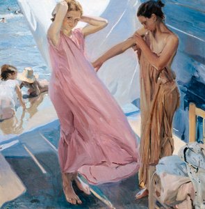 ""Apres le bain"" (Po koupeli) dvě mladé dívky se mění po koupeli v moři Obraz Joaquin Sorolla y Bastida (1863-1923) - 1909 - Olej na plátně - Museo Sorolla Madrid