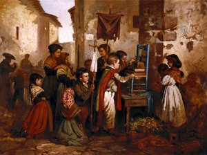 Děti hrající si v náboženském průvodu, obraz od Joaquima Vayreda y Vila