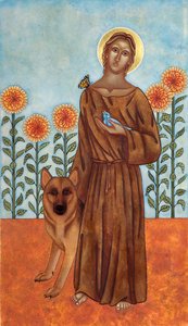 Svatý František a vlk z Gubbia, 2009 (vaječná tempera a 24karátové zlato na dřevě) od Jodi Simmons