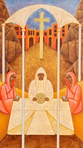 Večeře v Emauzích, 2011 (vaječná tempera a 24karátové zlato na dřevě) od Jodi Simmons