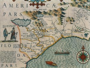 Pobřeží Severní Karolíny, detail mapy s názvem Virginiae item et Floridae z Mercator Atlas... z roku 1606, hospoda. od Jodocus Hondius, 1619 ručně kolorovaná rytina viz také 66818, 81957 & 81958