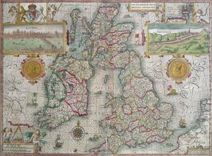 Mapa království Velké Británie a Irska, 1610 (ručně kolorovaná rytina)