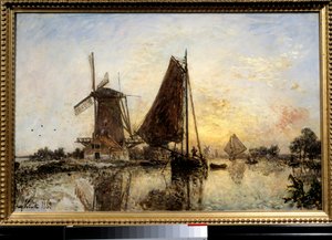 Niederländische Landschaft, Boote in der Nähe der Mühle