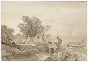 Landschaft mit einer Brücke mit einem Heuwagen darauf von Johan-Barthold Jongkind