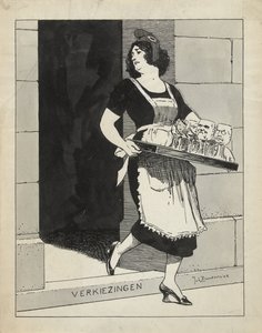 Design pro ilustraci v De Amsterdammer: Nizozemská panna jako služebná s podnosem sklenic klopýtá o krok voleb (17. května 1924)