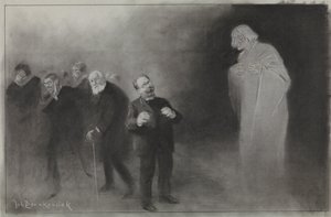 Návrh pro ilustraci v De Amsterdammer: Zapomenutí Schimmela v novoročním přání den Stadschouwburg, 13. ledna 1907