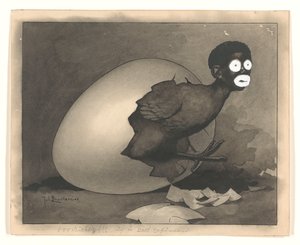 Návrh pro ilustraci v De Amsterdammer: černoch se vylíhne z vejce (19. dubna 1930)