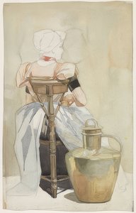 Sitzendes Mädchen in Tracht, Rückenansicht (sedící dívka v tradičním kroji, při pohledu zezadu)