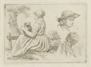 Sedící žena s džbánem, portrét muže s dýmkou a chlapcem od Johan Christiaan Willem Safft