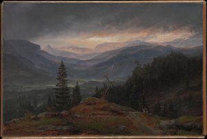 Norština:  Utsikt over Hallingdal Pohled na Hallingdal od Johan Christian Dahl