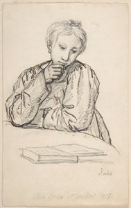 Portrét Eline Marie Hegerové jako dítěte, opírající se o stůl a listující v knize od Johan Christian Dahl
