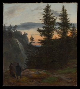 Dva muži před vodopádem při západu slunce od Johan Christian Dahl