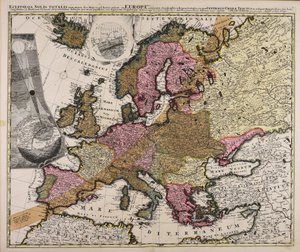Úplné zatmění Slunce se zpožděním d. 12. května 1706 Mapa Evropy, na níž byl centrální stínový prostor a zbývající velikosti vhodné pro jejich příslušná místa, byla spuštěna z pozorování slavných mužů pomocí paralelního oblouku. od Johan Gabriel Doppelmayr