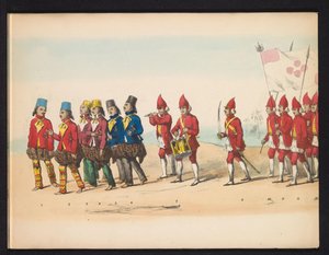 Maškaráda studentů z Delft, 1857 (deska 1) Krojovaný průvod pořádaný členy studentského sboru Delft 5. května 1857, zobrazující Garebegův průvod sultána z Djokjokarty a nejcharakterističtější typy z Nizozemí.