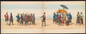 Maškaráda studentů z Delft, 1857 (deska 5) Krojovaný průvod pořádaný členy studentského sboru Delft 5. května 1857, zobrazující Garebegův průvod sultána z Djokjokarty a nejcharakterističtější typy z Nizozemí.