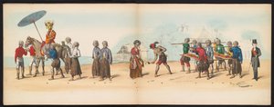 Maškaráda studentů z Delft, 1857 (deska 6) Krojovaný průvod pořádaný členy studentského sboru Delft 5. května 1857, zobrazující Garebegův průvod sultána z Djokjokarty a nejcharakterističtější typy z Nizozemí.