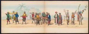 Maškaráda studentů z Delft, 1857 (deska 7) Krojovaný průvod pořádaný členy studentského sboru Delft 5. května 1857, zobrazující Garebegův průvod sultána z Djokjokarty a nejcharakterističtější typy z Nizozemí.