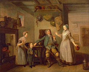 David Garrick a Mary Bradshaw ve filmu Davida Garricka Návrat farmáře od Johan Joseph Zoffany
