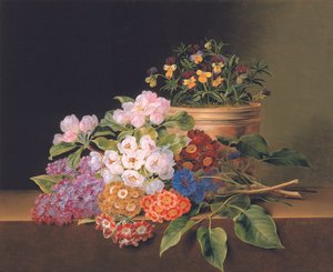 Šeřík, jabloňový květ, chrpy a sladké williams s hrncem viol na římse, 1827