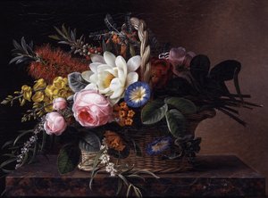 Zátiší s kališníky, liliemi, košťály, růžemi a konvalinkami. Obraz Johana Laurentze Jensena (1800-1856) Soukromá sbírka.