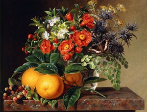 Pomeranče, ostružiny a váza s květinami na římse, 1834