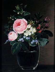 Růže a pomněnky ve skleněné váze. Obraz Johana Laurentze Jensena (1800-1856) Soukromá sbírka.