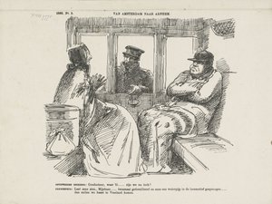 Karikatura mnoha nehod na Rhijnspoorweg, 1866 Z Amsterdamu do Arnhemu (název na objektu)