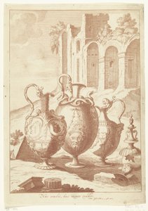 Čtyři vázy, čtvrtá rozbitá Huc oculis, huc mente trahor (název na objektu) Vázy a svícny (název série) od Johan Teyler (attributed to)