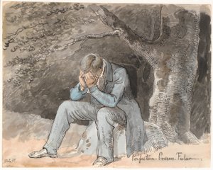 "Perfectum - současnost - budoucnost". Mladý muž sedí pod stromem na skále s rukama na obličeji od Johan Thomas Lundbye