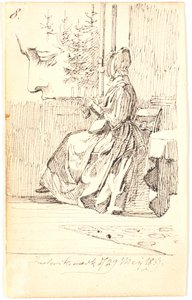Pletoucí dáma (Lundbyeova matka?) u okna s výhledem na jedle a profilová studie od Johan Thomas Lundbye