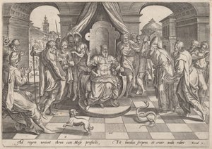 Mojžíš a Áron před faraónem od Johan Wierix, after Maarten van Cleef