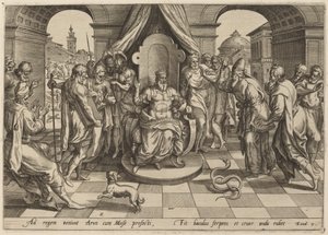 Mojžíš a Áron před farou od Johan Wierix, after Maarten van Cleef
