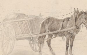 Vozík tažený hnědým koněm u sloupu lampy, Verso: Skupina jízdních důstojníků, ca. 1815.
