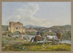 Římští Campagnoli na koních s pomocí psů chytají býka od Johann Adam Klein