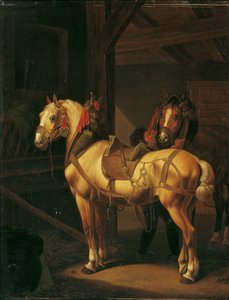 Dva tažní koně ve stáji od Johann Baptist Michael Dallinger von Dalling