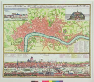 Letecká mapa Londýna a pohled přes Temži ze South Bank, s mostem St. Paul