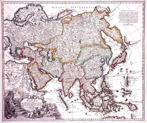 Malá Asie, Arábie a Japonsko, kolem roku 1725 (barevná rytina)