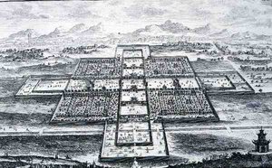 Perspektivní pohled na císařský palác, Peking, Čína, z „Plánu historické architektury“, vyrytý Johannem Adamem Delsenbachem (1687-1765) 1721 (rytina) od Johann Bernhard (after) Fischer von Erlach